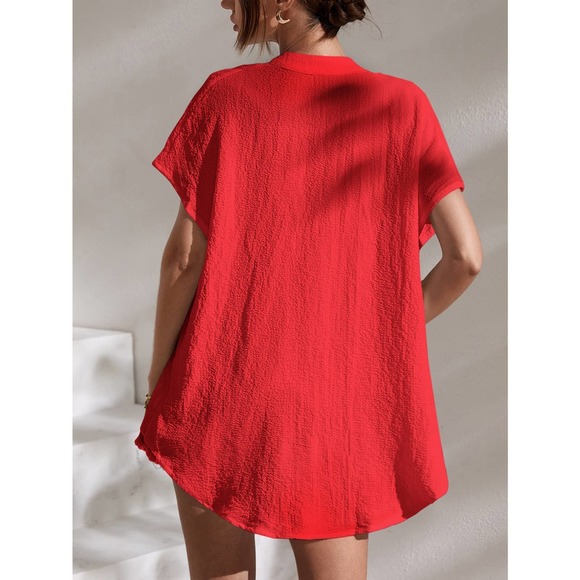 boho Notched Batwing Sleeve Blouse short sleeve hot pink - Picture 8 of 11